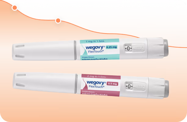 兩支標示不同劑量的Wegovy FlexTouch注射筆,背景為漸變橙色。