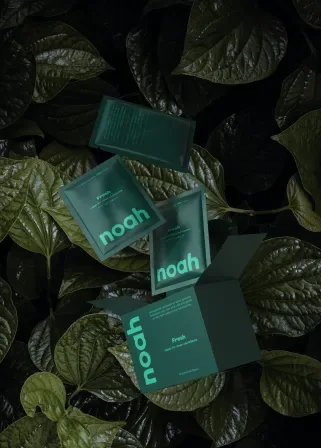 放在深綠色葉子之間的幾盒 Fresh 私密濕紙巾