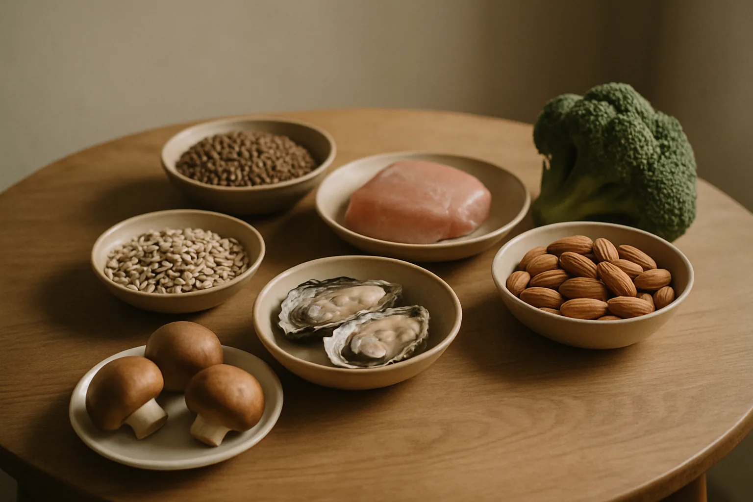 木桌上富含鋅的食物：生蠔、雞肉、杏仁、扁豆、蘑菇和西蘭花